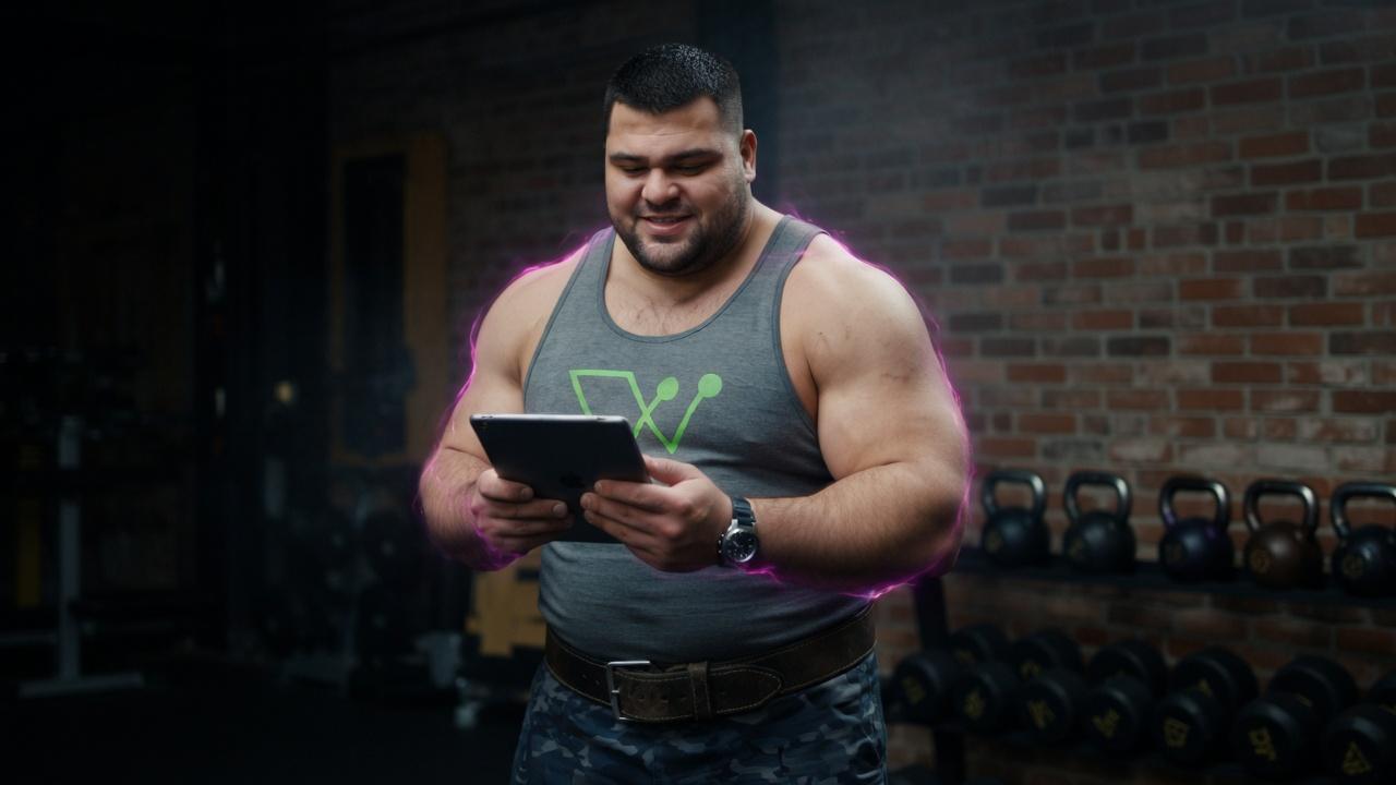Barry — gym owner reviewing his Hoist digest on a tablet, wreathed in magenta energy
