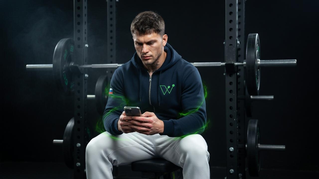 Peter — a lifter checking his Yuge app on the bench between sets, wreathed in lime energy